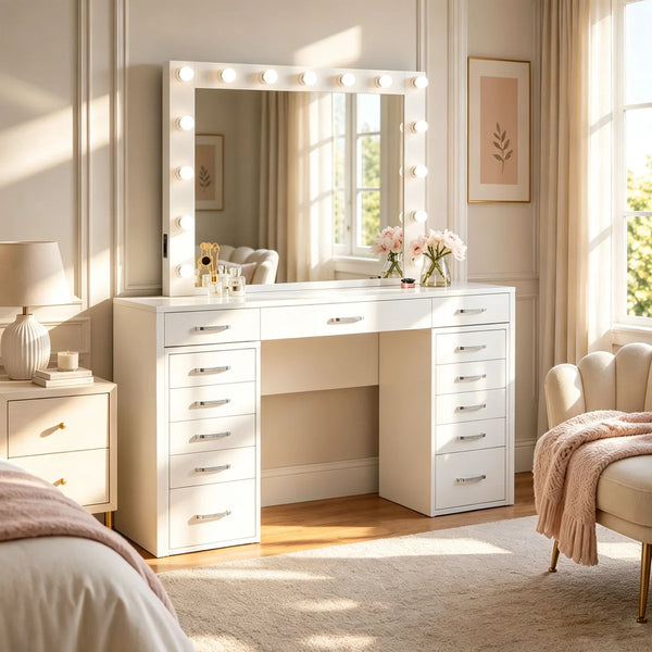 13-Drawer Makeup Vanity Desk with LED Lighted Mirror, Built-In Side Outlet & Hollywood-Style Dressing Table  Wooden Bazar