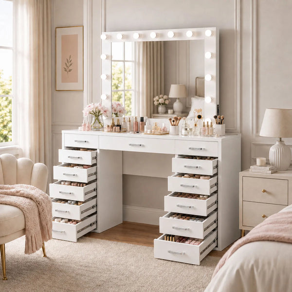 13-Drawer Makeup Vanity Desk with LED Lighted Mirror, Built-In Side Outlet & Hollywood-Style Dressing Table  Wooden Bazar