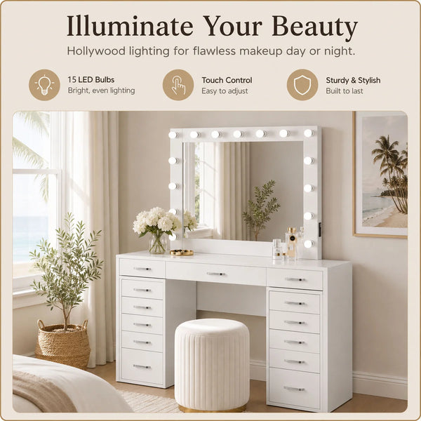 13-Drawer Makeup Vanity Desk with LED Lighted Mirror, Built-In Side Outlet & Hollywood-Style Dressing Table  Wooden Bazar