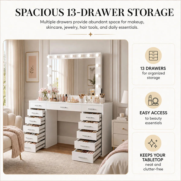 13-Drawer Makeup Vanity Desk with LED Lighted Mirror, Built-In Side Outlet & Hollywood-Style Dressing Table  Wooden Bazar