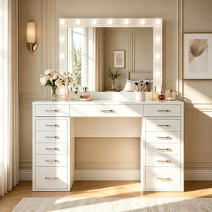 13-Drawer Makeup Vanity Desk with LED Lighted Mirror, Built-In Side Outlet & Hollywood-Style Dressing Table  Wooden Bazar