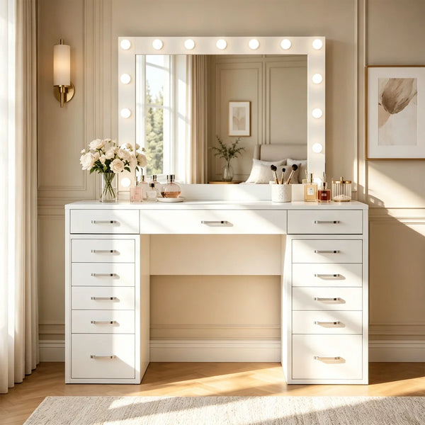 13-Drawer Makeup Vanity Desk with LED Lighted Mirror, Built-In Side Outlet & Hollywood-Style Dressing Table  Wooden Bazar