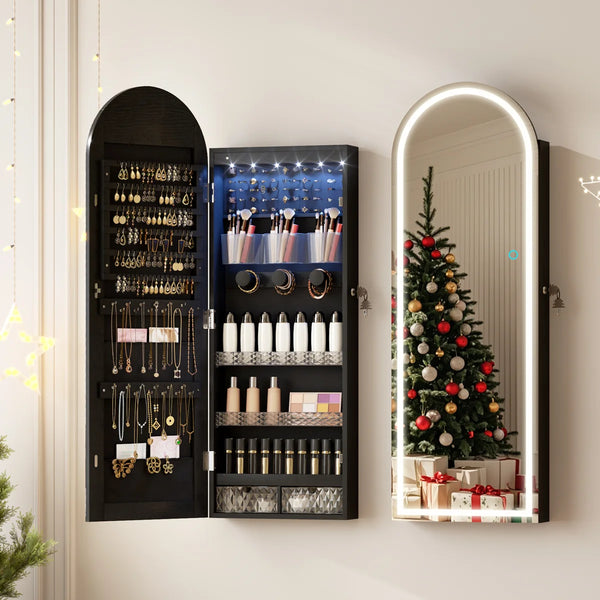 Arched LED Jewelry Armoire with Mirror | Wall/Door Mounted Cabinet  Wooden Bazar