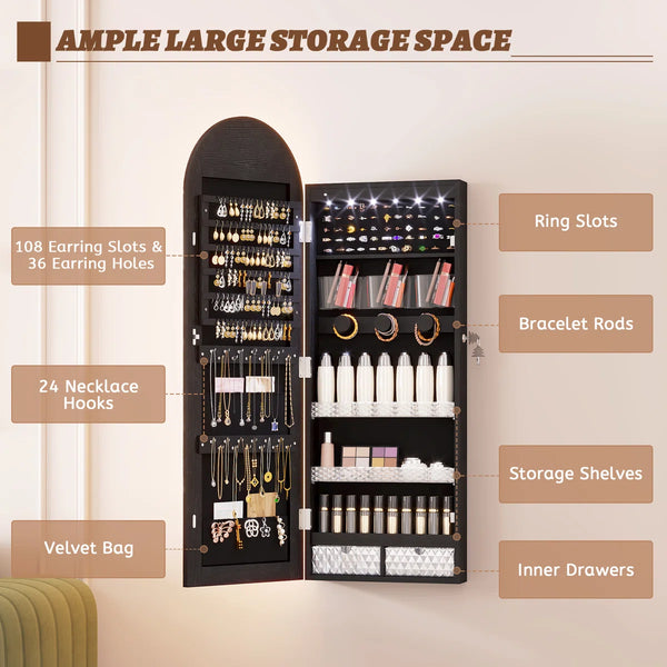 Arched LED Jewelry Armoire with Mirror | Wall/Door Mounted Cabinet  Wooden Bazar