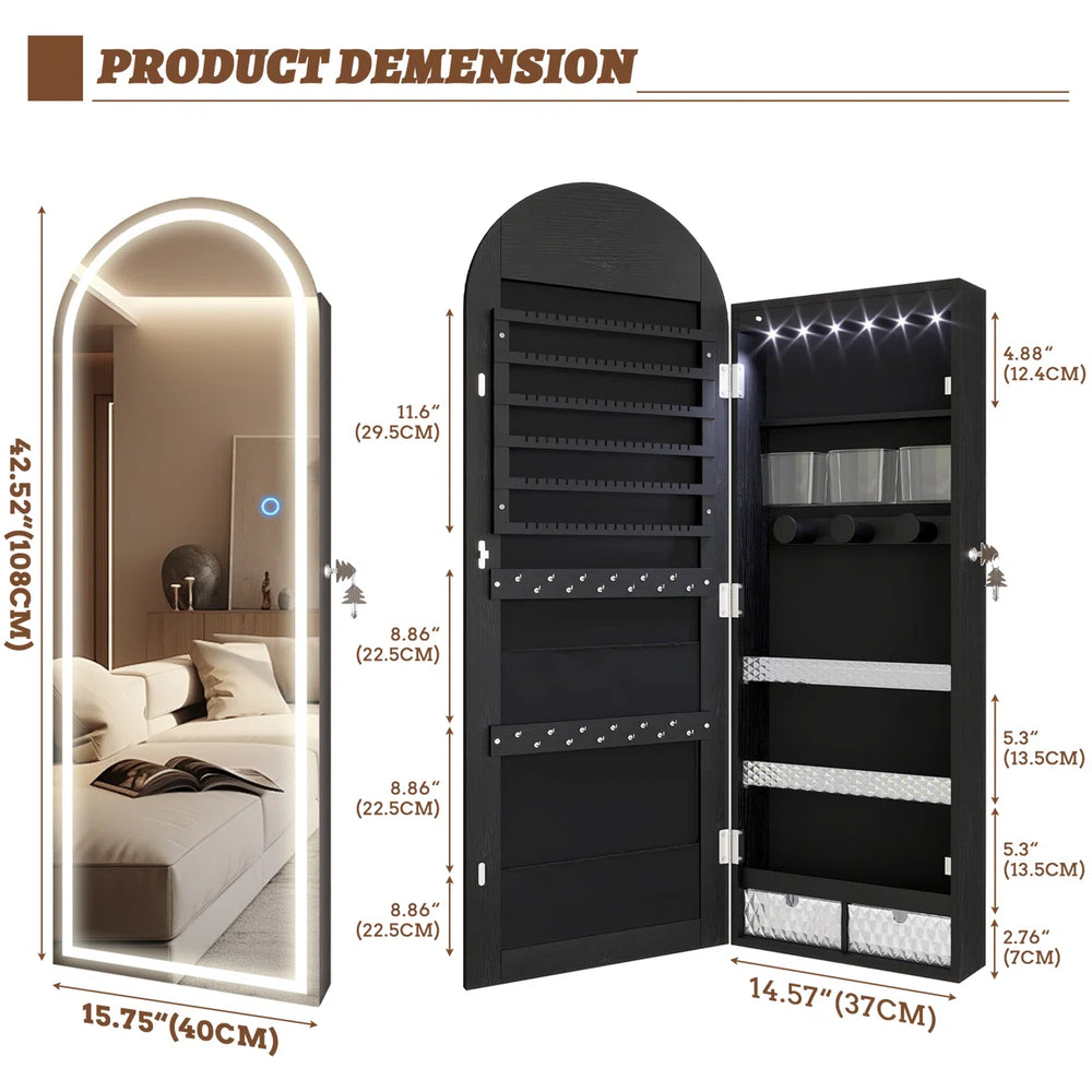 Arched LED Jewelry Armoire with Mirror | Wall/Door Mounted Cabinet  Wooden Bazar
