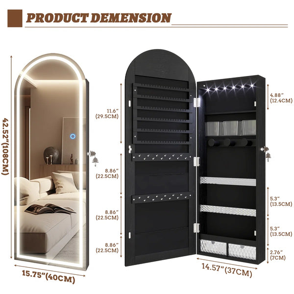 Arched LED Jewelry Armoire with Mirror | Wall/Door Mounted Cabinet  Wooden Bazar