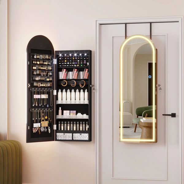 Arched LED Jewelry Armoire with Mirror | Wall/Door Mounted Cabinet  Wooden Bazar