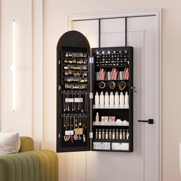 Arched LED Jewelry Armoire with Mirror | Wall/Door Mounted Cabinet  Wooden Bazar