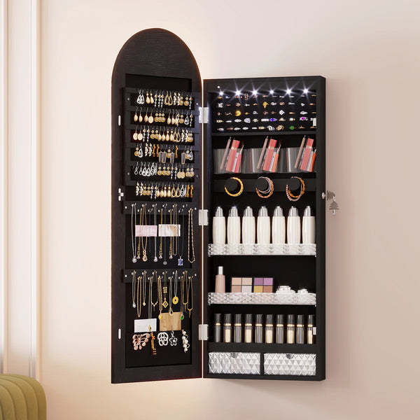 Arched LED Jewelry Armoire with Mirror | Wall/Door Mounted Cabinet  Wooden Bazar