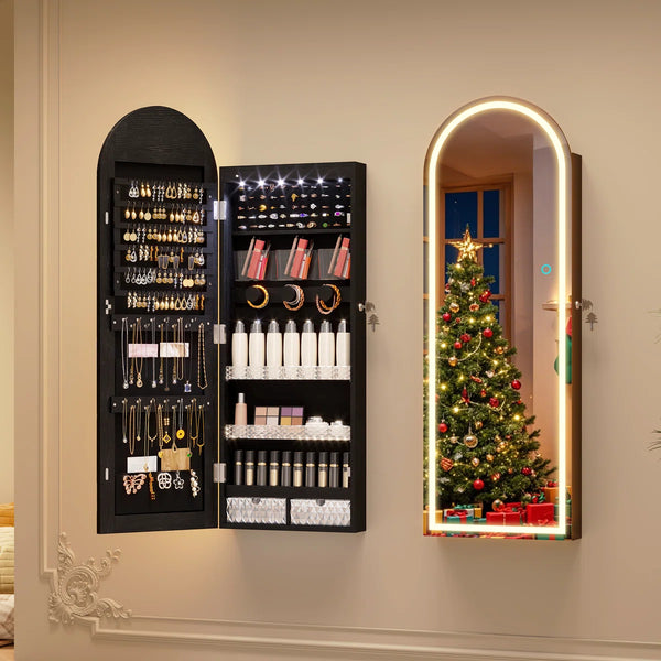Arched LED Jewelry Armoire with Mirror | Wall/Door Mounted Cabinet  Wooden Bazar