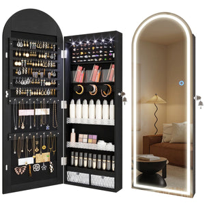 Arched LED Jewelry Armoire with Mirror | Wall/Door Mounted Cabinet  Wooden Bazar