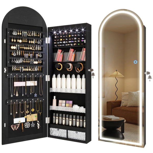Arched LED Jewelry Armoire with Mirror | Wall/Door Mounted Cabinet  Wooden Bazar