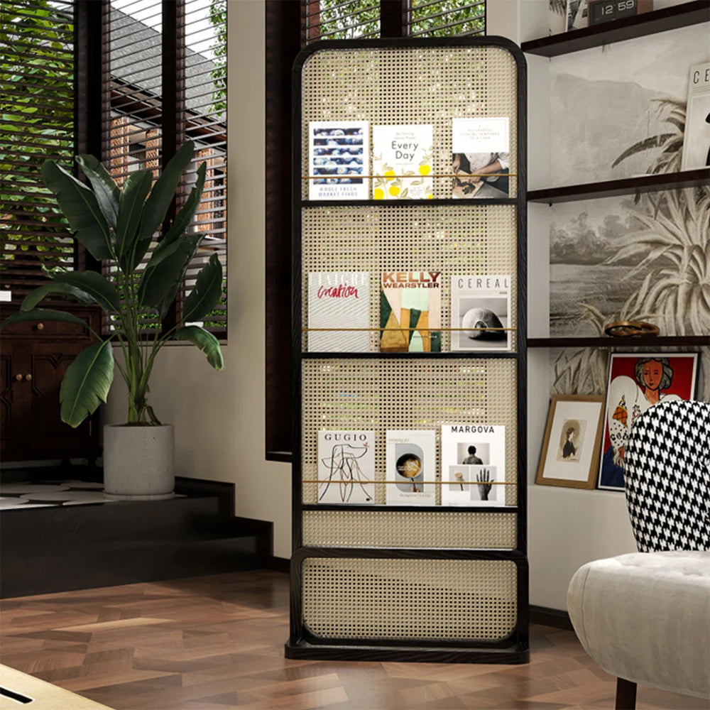 **1-Panel Black Solid Wood & Rattan Room Divider**  Wooden Bazar
