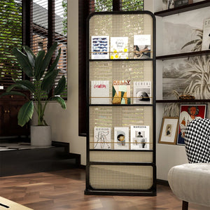 **1-Panel Black Solid Wood & Rattan Room Divider**  Wooden Bazar