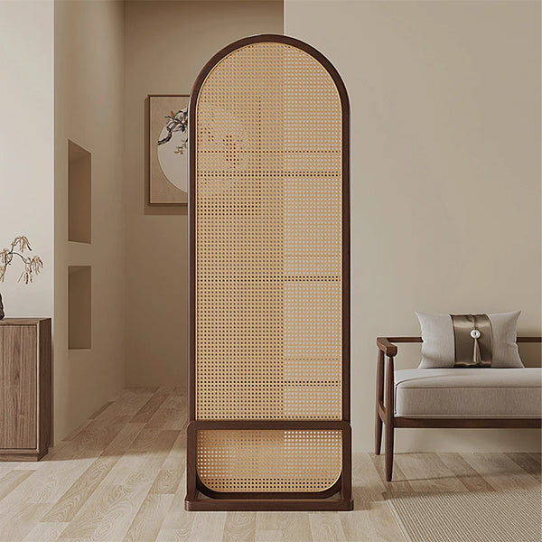 Nut-Brown Solid Wood and Rattan 1-Panel Folding Room Divider  Wooden Bazar