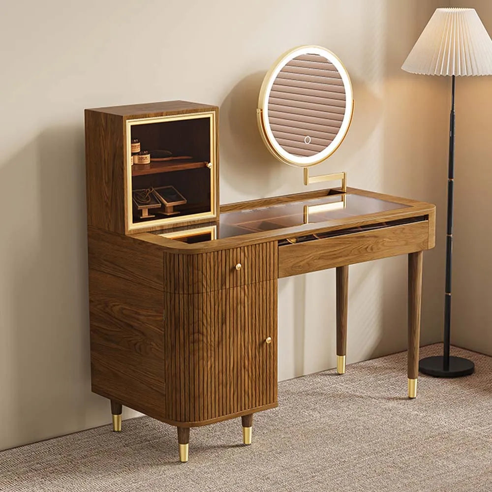 Casrion Mid-century Modern Makeup Vanity with Rotating Mirror and LED Light