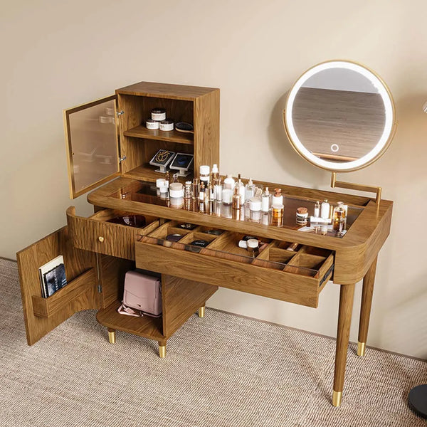 Casrion Mid-century Modern Makeup Vanity with Rotating Mirror and LED Light