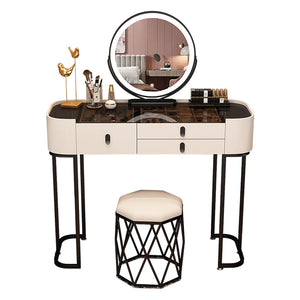 Multi-Purpose Vanity Set with LED Lighting, Dividers, Push-Pull Functionality, and Adjustable Brightness, Design Makeup Vanity & Stool & Mirror