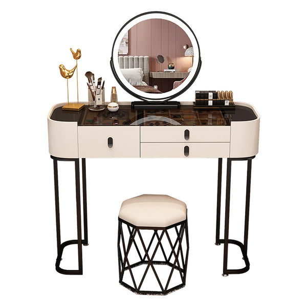 Multi-Purpose Vanity Set with LED Lighting, Dividers, Push-Pull Functionality, and Adjustable Brightness, Design Makeup Vanity & Stool & Mirror