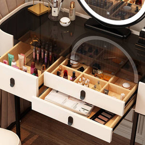 Multi-Purpose Vanity Set with LED Lighting, Dividers, Push-Pull Functionality, and Adjustable Brightness, Design Makeup Vanity & Stool & Mirror