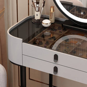 Multi-Purpose Vanity Set with LED Lighting, Dividers, Push-Pull Functionality, and Adjustable Brightness, Design Makeup Vanity & Stool & Mirror
