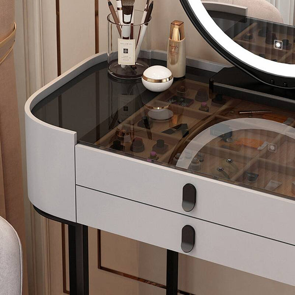 Multi-Purpose Vanity Set with LED Lighting, Dividers, Push-Pull Functionality, and Adjustable Brightness, Design Makeup Vanity & Stool & Mirror