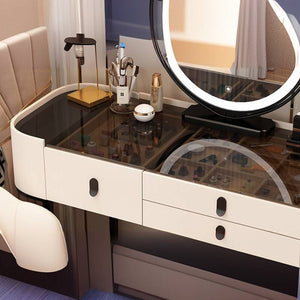 Multi-Purpose Vanity Set with LED Lighting, Dividers, Push-Pull Functionality, and Adjustable Brightness, Design Makeup Vanity & Stool & Mirror