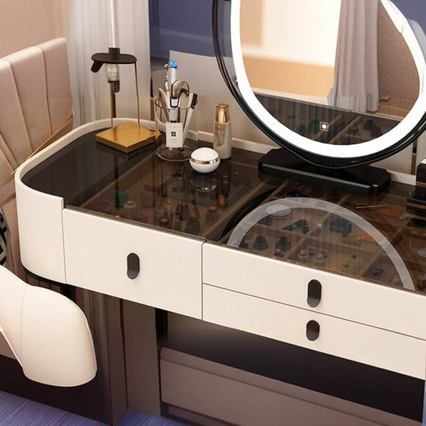 Multi-Purpose Vanity Set with LED Lighting, Dividers, Push-Pull Functionality, and Adjustable Brightness, Design Makeup Vanity & Stool & Mirror