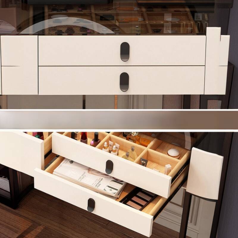 Multi-Purpose Vanity Set with LED Lighting, Dividers, Push-Pull Functionality, and Adjustable Brightness, Design Makeup Vanity & Stool & Mirror