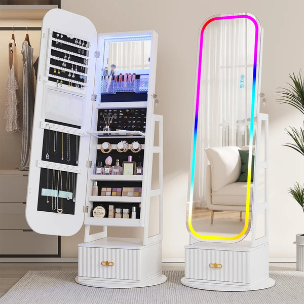 Jewelry Armoire with Full-Length Mirror, RGB Lights & Swivel Base  Wooden Bazar