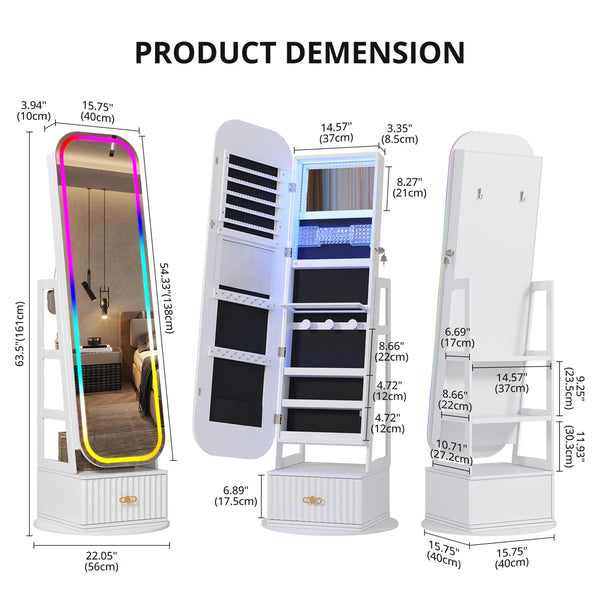 Jewelry Armoire with Full-Length Mirror, RGB Lights & Swivel Base  Wooden Bazar