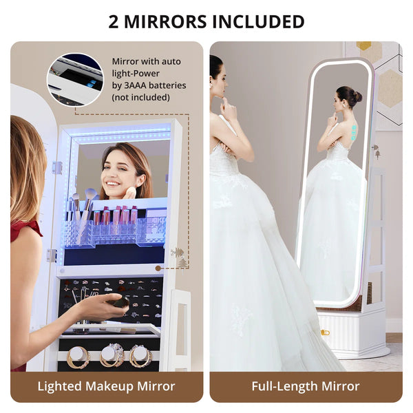 Jewelry Armoire with Full-Length Mirror, RGB Lights & Swivel Base  Wooden Bazar