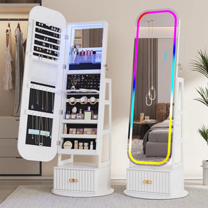 Jewelry Armoire with Full-Length Mirror, RGB Lights & Swivel Base  Wooden Bazar