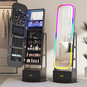 Jewelry Armoire with Full-Length Mirror, RGB Lights & Swivel Base  Wooden Bazar