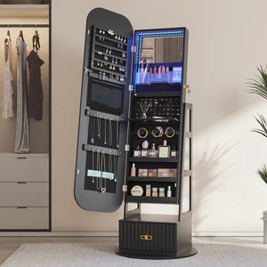 Jewelry Armoire with Full-Length Mirror, RGB Lights & Swivel Base  Wooden Bazar