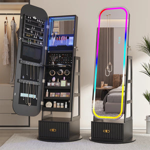 Jewelry Armoire with Full-Length Mirror, RGB Lights & Swivel Base  Wooden Bazar
