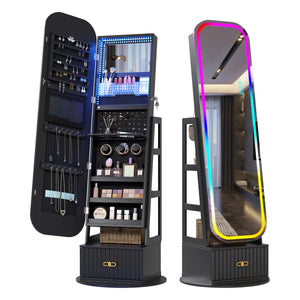 Jewelry Armoire with Full-Length Mirror, RGB Lights & Swivel Base  Wooden Bazar
