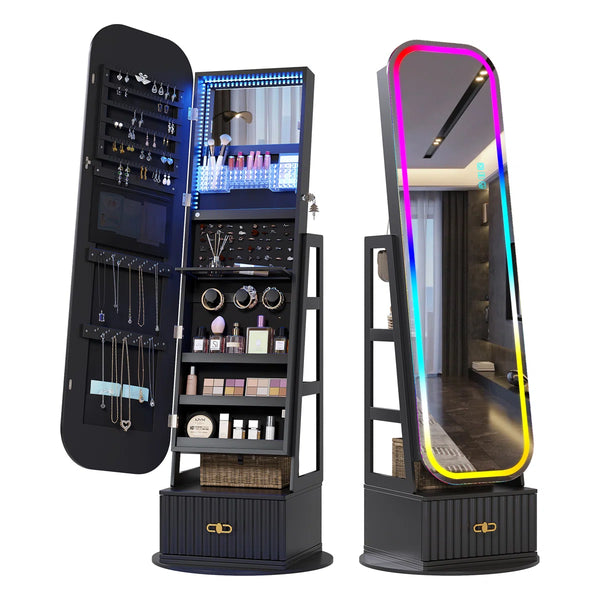Jewelry Armoire with Full-Length Mirror, RGB Lights & Swivel Base  Wooden Bazar