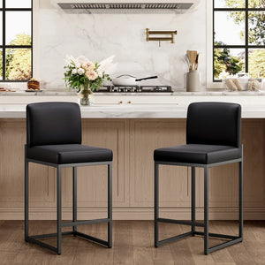 24" Modern Upholstered Kitchen Counter Stool with Black Metal Sled Base & Brown Faux Leather (Set of 2)  Wooden Bazar