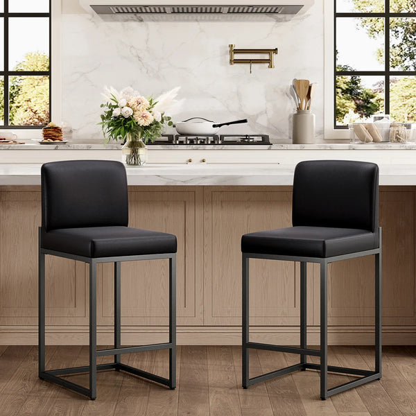 24" Modern Upholstered Kitchen Counter Stool with Black Metal Sled Base & Brown Faux Leather (Set of 2)  Wooden Bazar