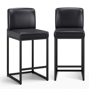 24" Modern Upholstered Kitchen Counter Stool with Black Metal Sled Base & Brown Faux Leather (Set of 2)  Wooden Bazar