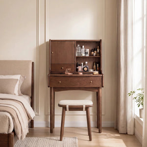 25.2"W Small Solid Wood Vanity Desk with Reversable Mirror & 2 Storage Drawers  Wooden  Bazar