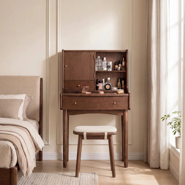 25.2"W Small Solid Wood Vanity Desk with Reversable Mirror & 2 Storage Drawers  Wooden  Bazar