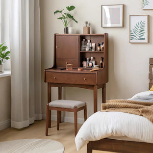 25.2"W Small Solid Wood Vanity Desk with Reversable Mirror & 2 Storage Drawers  Wooden  Bazar