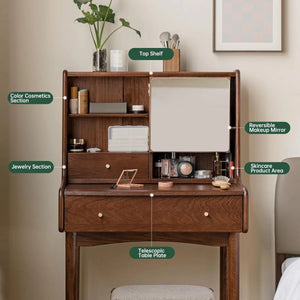 25.2"W Small Solid Wood Vanity Desk with Reversable Mirror & 2 Storage Drawers  Wooden  Bazar
