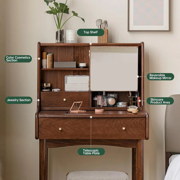 25.2"W Small Solid Wood Vanity Desk with Reversable Mirror & 2 Storage Drawers  Wooden  Bazar