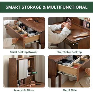 25.2"W Small Solid Wood Vanity Desk with Reversable Mirror & 2 Storage Drawers  Wooden  Bazar