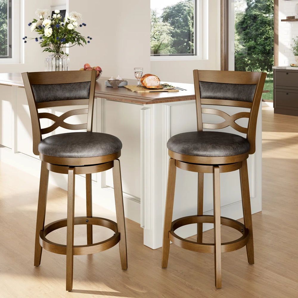 26” Vintage Upholstered Wood Counter Stool With Wide Back And Faux Leather Seat (Set of 2)  Wooden Bazar