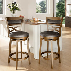 26” Vintage Upholstered Wood Counter Stool With Wide Back And Faux Leather Seat (Set of 2)  Wooden Bazar