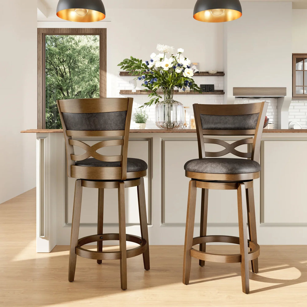 26” Vintage Upholstered Wood Counter Stool With Wide Back And Faux Leather Seat (Set of 2)  Wooden Bazar